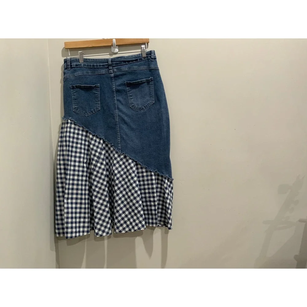 Blue Denim Gingham Mixed Media Asymmetrical Button Front Midi Skirt Cottagecore